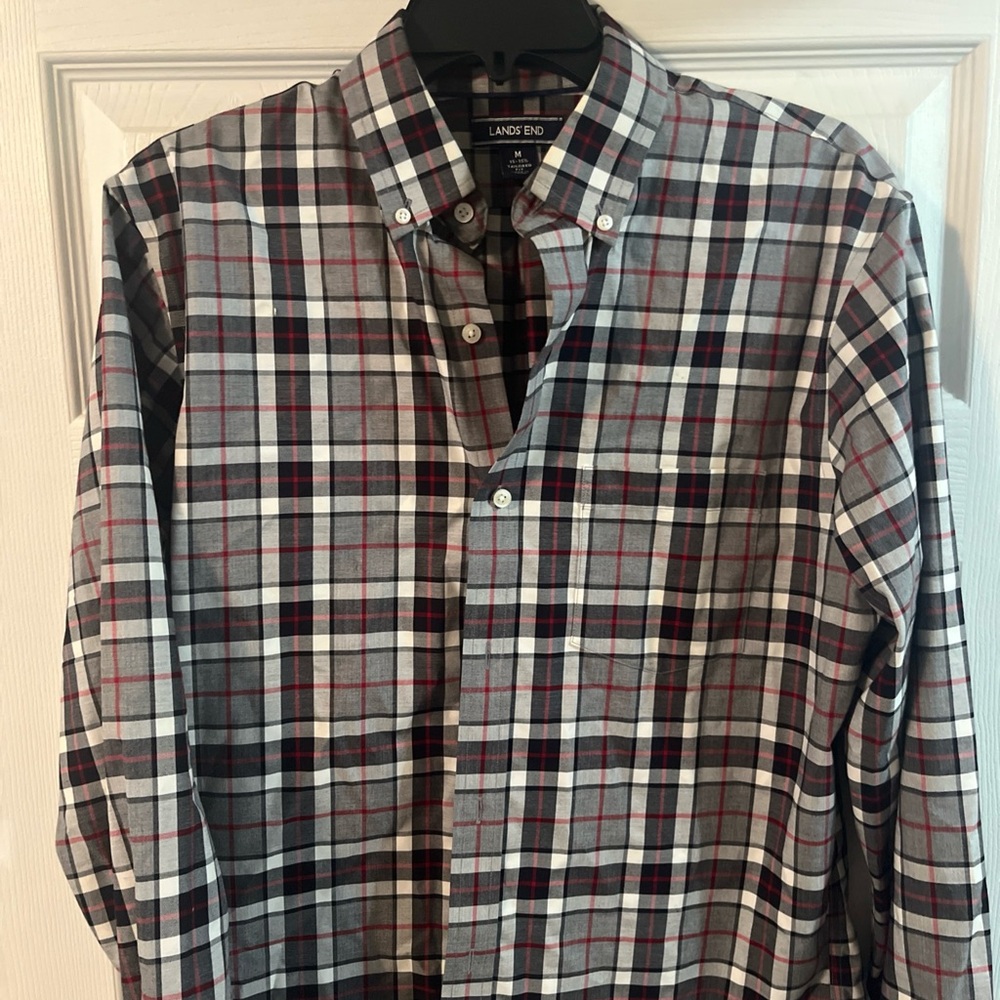 Lands' End Men's Casual Plaid Shirt - Black, Red, White
